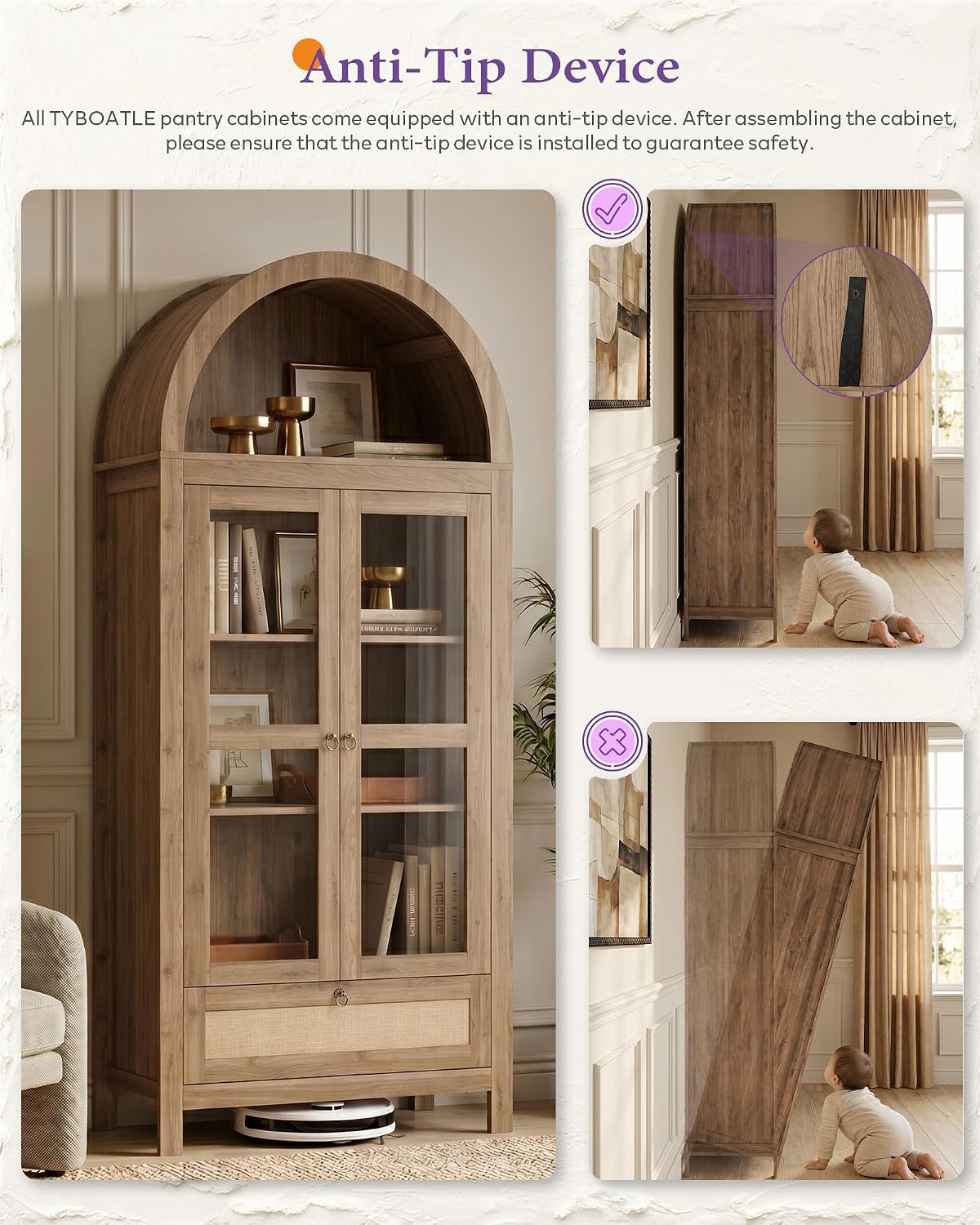 TYBOATLE 71" Tall Arched Pantry Cabinet with Innovative Drawer, Kitchen Cabinet with Anti-Tipping Device and Glass Door, Versatile Cupboard for Kitchen, Dining, Natrual