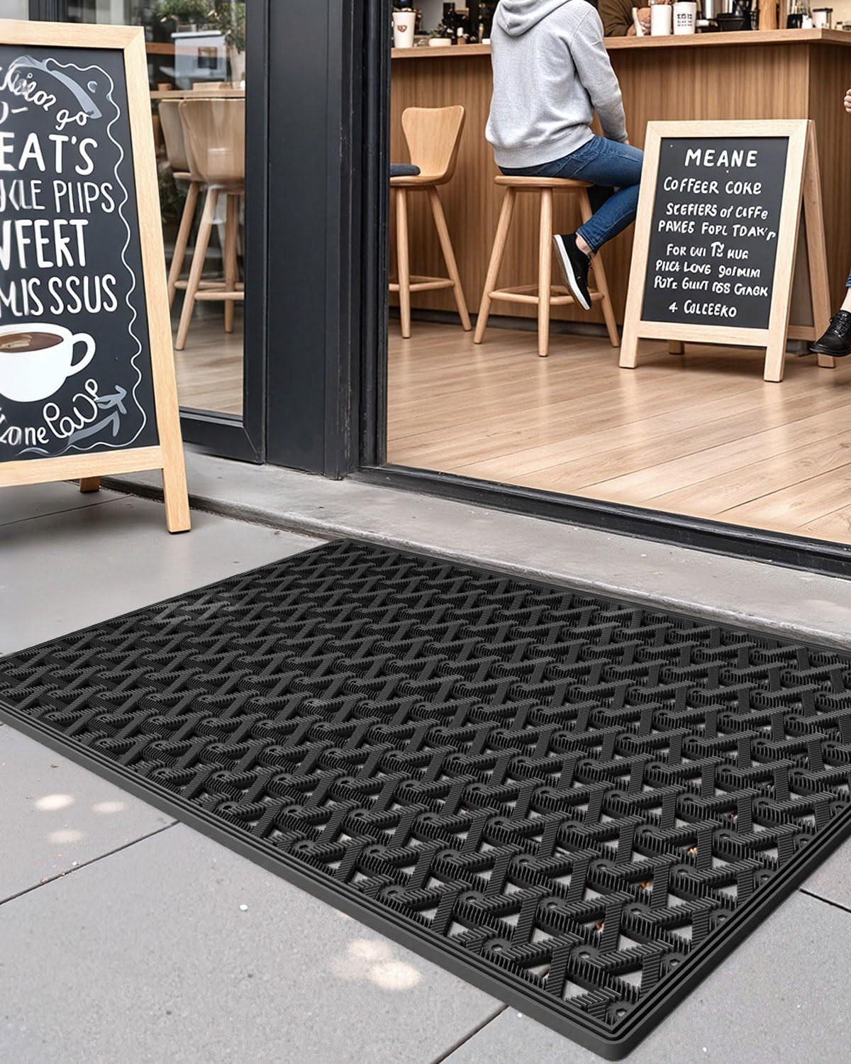 DEXI Front Door Mat Outside Entrance Rubber 24x36, Welcome Floor Doormat Heavy Duty Non Slip, Dirt Trapper Waterproof Exterior Entry Mats All Weather for Patio Entryway Drainage, Black