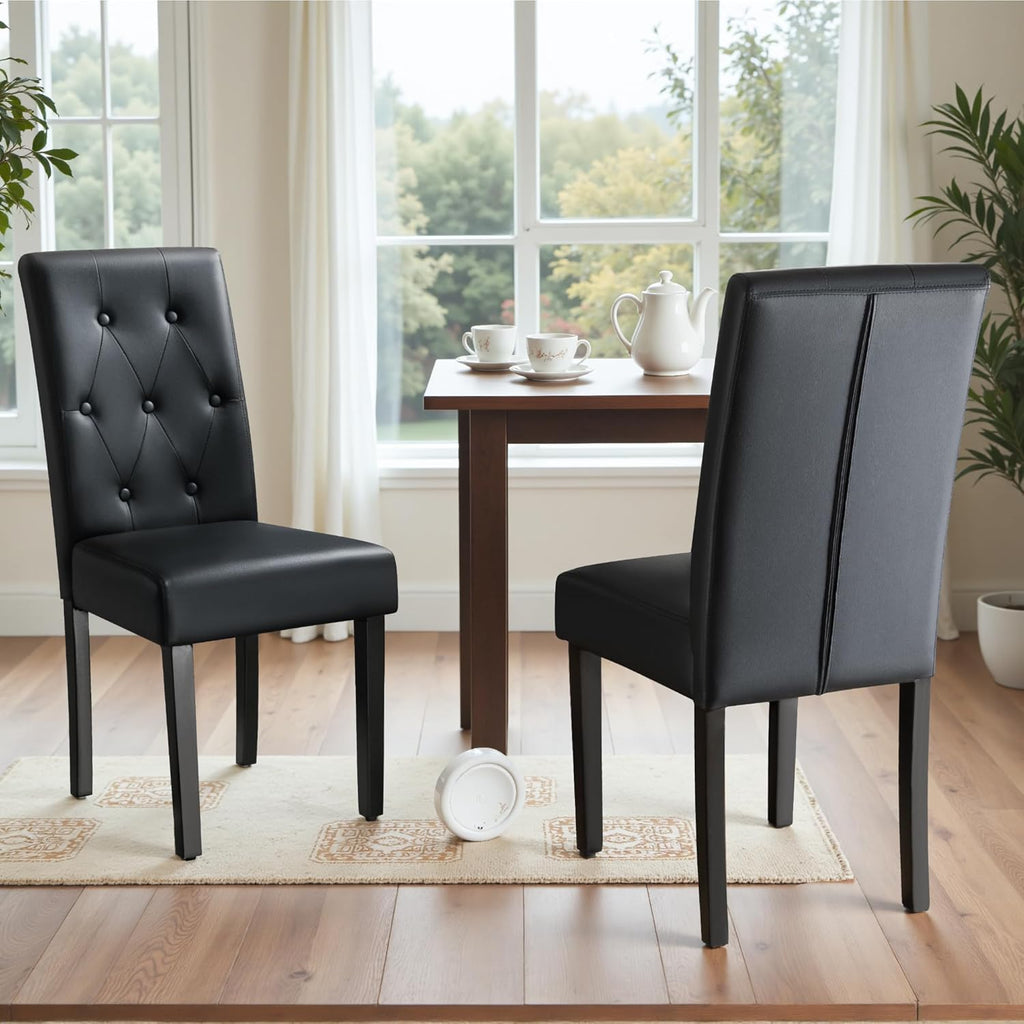 Furmax Upholstered Dining Chairs Set of 2, PU Leather Dinning Room Chairs, Button Tufted Kitchen Chairs with Adjustable Wood Legs for Dining Room/Living Room/Restaurant (Leather Black, 2)