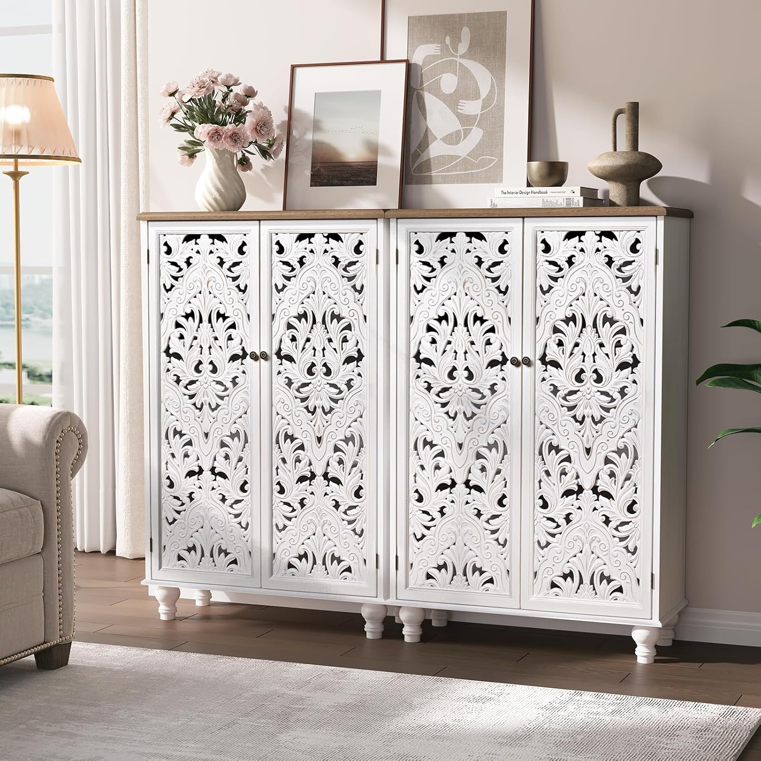 JOINICE 47" Tall Accent Cabinet with Carved Doors & Storage for Living Room | Vertical Storage, Carved Floral Design, Mandala White Buffet, Boho/Farmhouse/Rustic Style, Adjustable Shelves, Easy Assembly