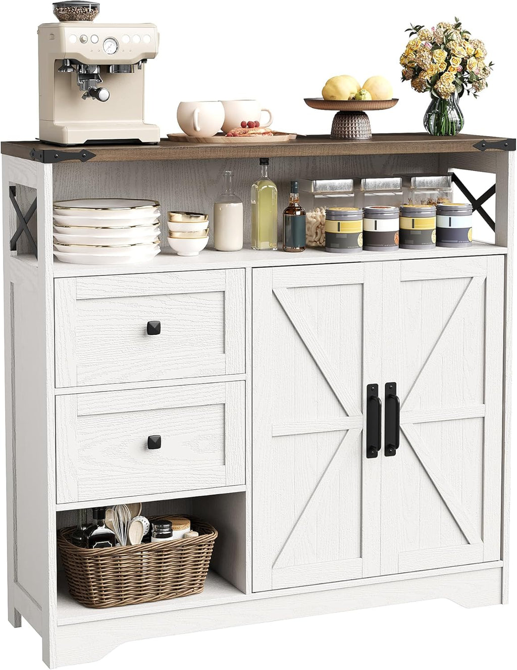 Vabches Farmhouse Buffet Sideboard Cabinet with Drawers and Open Shelf, 38.5" Storage Cabinet with Adjustable Shelves and Door, Modern Coffee Bar Hutch Pantry for Kitchen, Living Room, Entryway, White