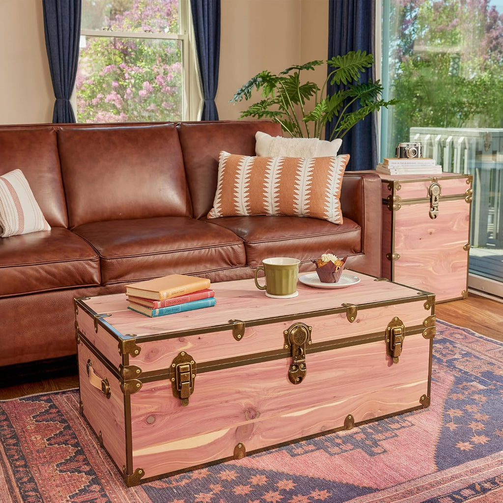 Rhino Trunk & Case Knotty Cedar Chest with Antique Brass Hardware – 32"x18"x14" Large Storage Box, Coffee Table, End of Bed Trunk or Entryway Storage Bench Furniture – USA-Made, Heirloom Aesthetic