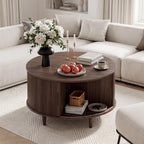 Round Coffee Table with Storage, 31.5" Center Table for Living Room, Mid Century Modern Coffee Tables for Living Room, Compact Small Coffee Table with Hidden Storage, Adjustable Feet, Walnut