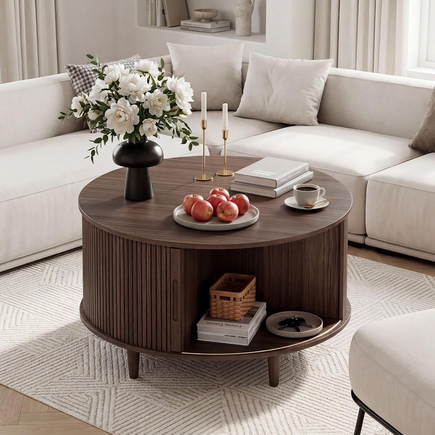 Round Coffee Table with Storage, 31.5" Center Table for Living Room, Mid Century Modern Coffee Tables for Living Room, Compact Small Coffee Table with Hidden Storage, Adjustable Feet, Walnut