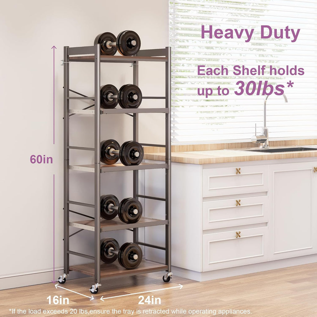 5-Tier Pull Out Baker's Rack with Storage, Heavy Duty Microwave Stand with Wood Pull Out Shelves, Adjustable Microwave Cart with Wheels (23.6''W x 60''H)