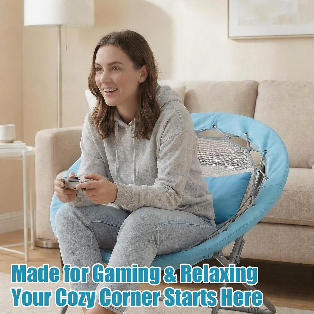Bungee Chair, Portable Bouncy Lightweight Round Folding Dish Chair for Adults - Perfect for Dorm, Bedroom, Game Room, Patio & Indoor/Outdoor Use (Blue)