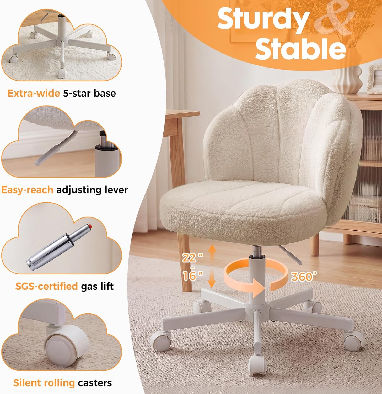 COMHOMA Petal Vanity Chair with Wheels, Cute Desk Chair for Girls Women, Upholstered Home Office Chair with Backrest, Height Adjustable Armless Swivel Chair for Bedroom, Teddy Fleece, Beige