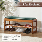 39.3" Shoe Rack Bench,2 Tiers Shoe Bench with Storage,Walnut Storage Bench with Faux Leather Cushion for Entrance Entryway Hallway Walnut PU Green