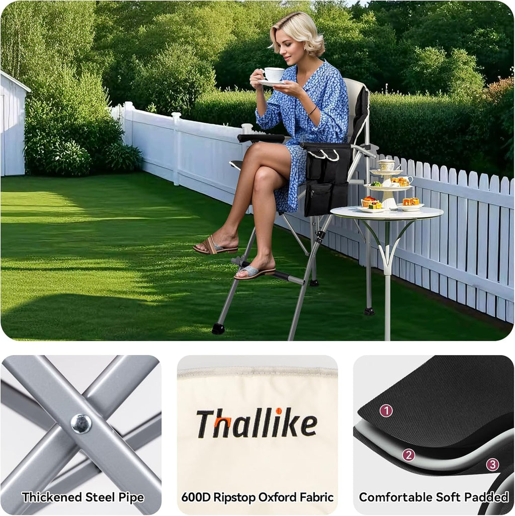 Foldable Directors Makeup Salon High Chair - Portable Camping Bar Height Folding Photoshoot Chairs with Stroage Bag Cup Holder Non-Slip Footrest, Supports 400 lbs Black Tall Director Chair