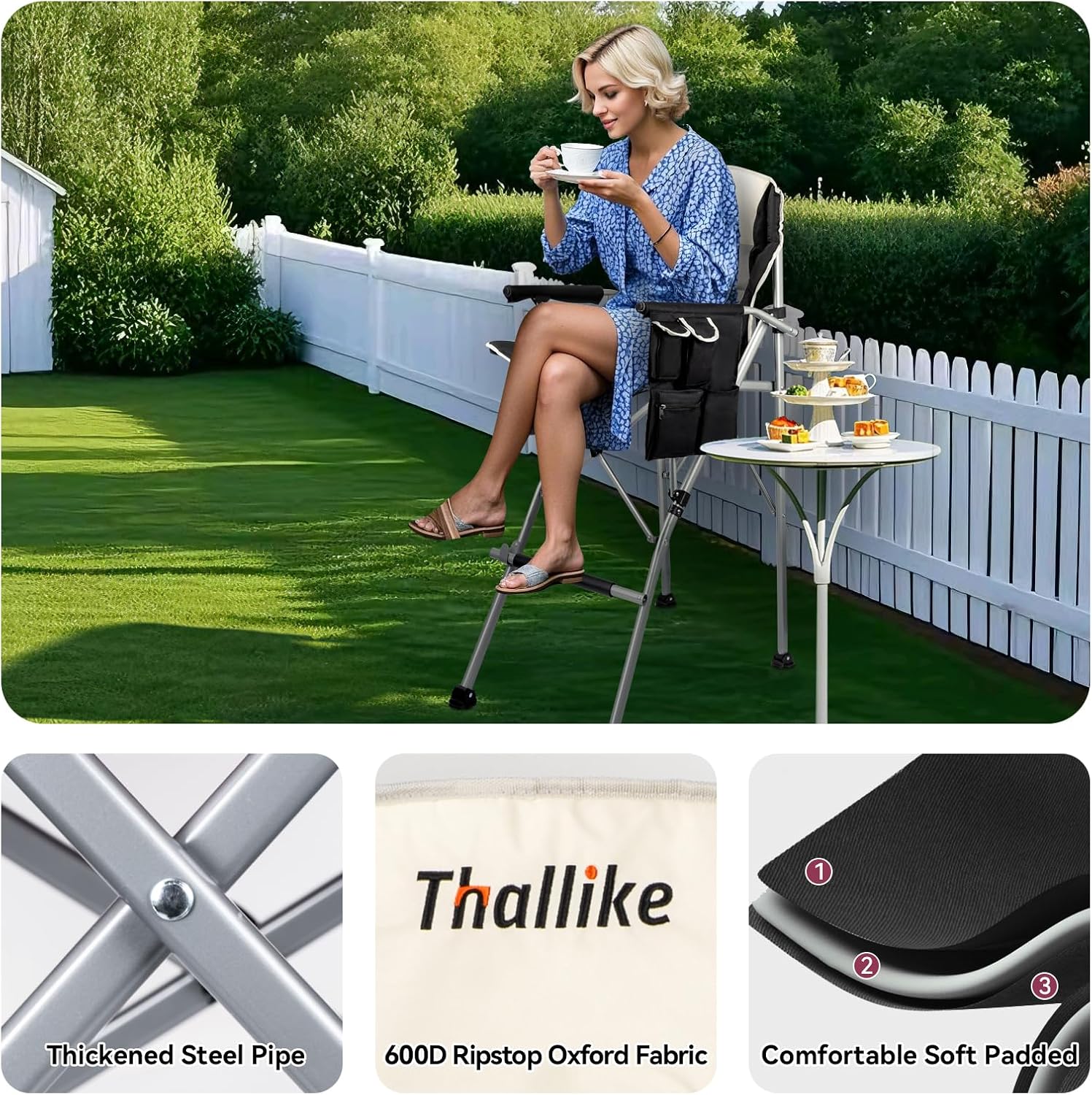 Foldable Directors Makeup Salon High Chair - Portable Camping Bar Height Folding Photoshoot Chairs with Stroage Bag Cup Holder Non-Slip Footrest, Supports 400 lbs Black Tall Director Chair