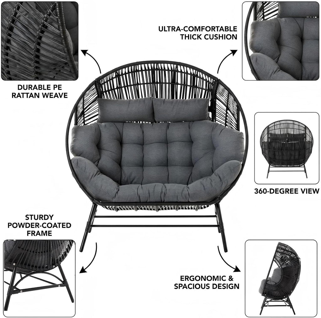 IRONCK Outdoor Round Egg Chair with Armrest, Double Lounge Chair with Cushions and Headrests, Wicker Egg Seat for Patio Backyard, Black