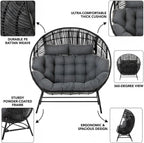 IRONCK Outdoor Round Egg Chair with Armrest, Double Lounge Chair with Cushions and Headrests, Wicker Egg Seat for Patio Backyard, Black