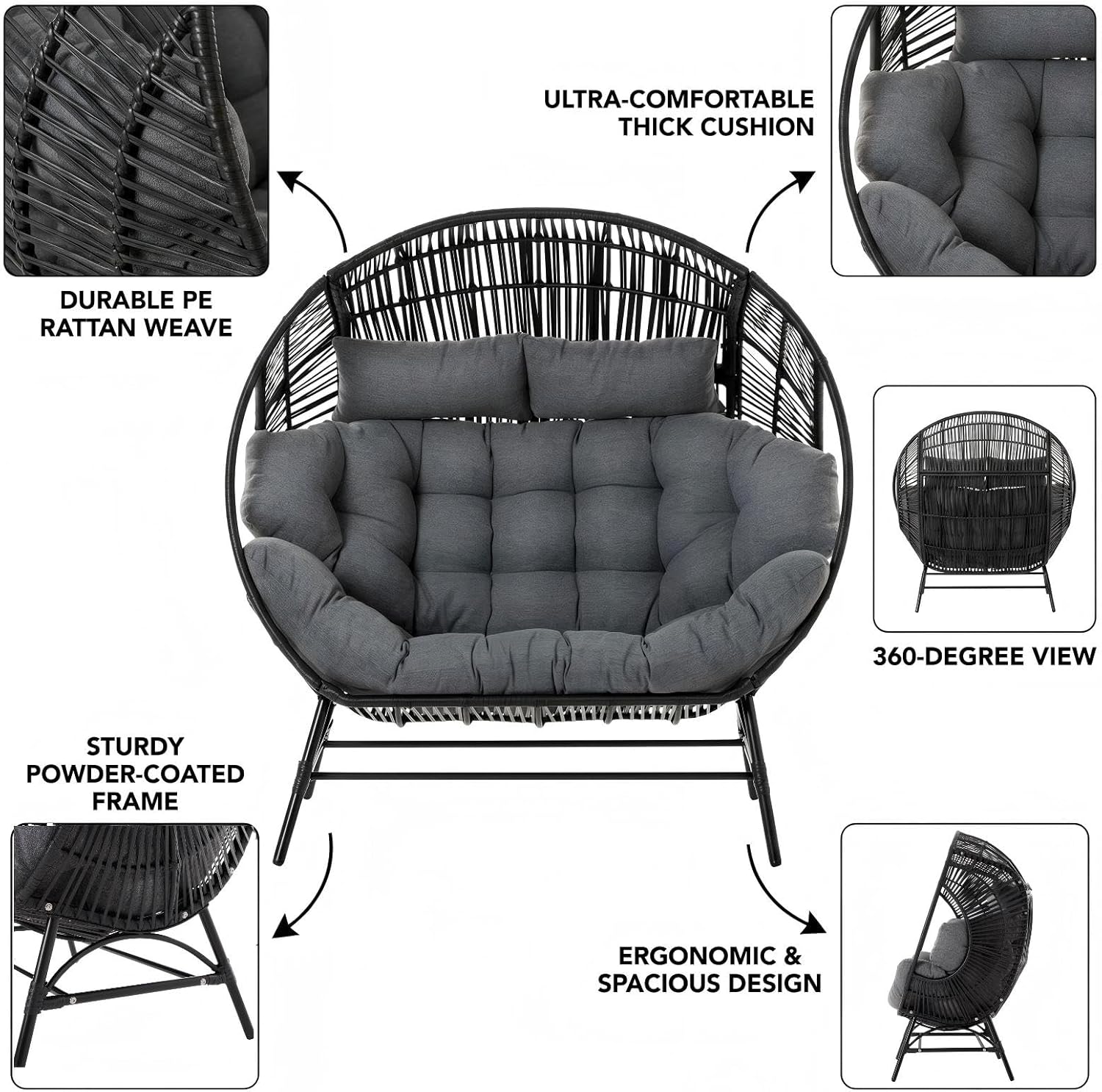 IRONCK Outdoor Round Egg Chair with Armrest, Double Lounge Chair with Cushions and Headrests, Wicker Egg Seat for Patio Backyard, Black