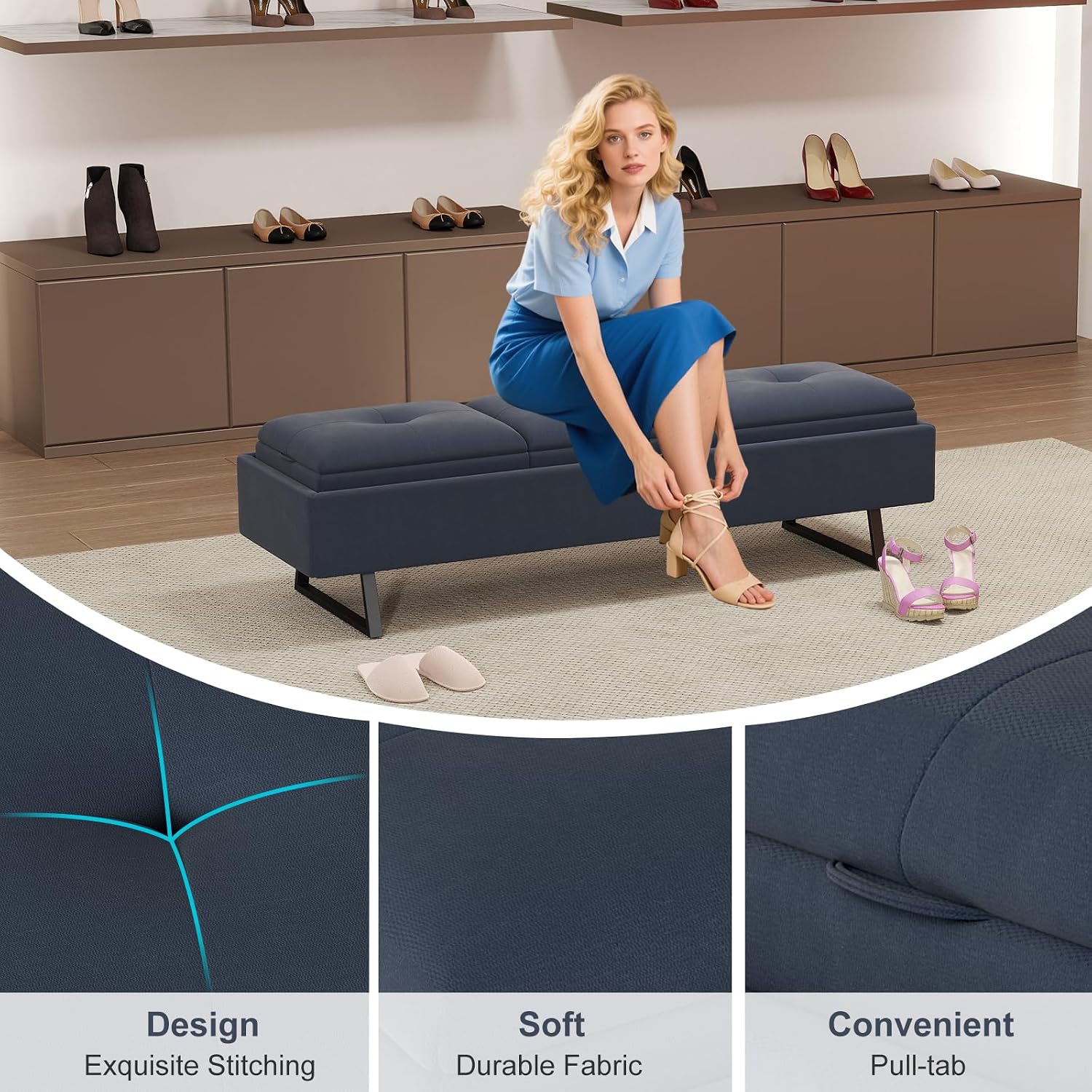 kinbor Waiting Room Chairs - Fabric Office Guest Chair, 3 Seats Upholstered Reception Bench Seating, Lobby Furniture for Salon and Shop, End of Bed Bench for Bedroom, Living Room, Hallway, Navy Blue