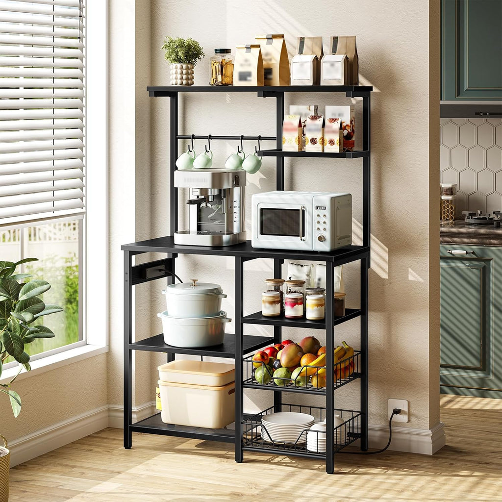 HOOBRO Large Bakers Rack with Power Outlets, 6-Tier Microwave Stand with 4 Hooks, Coffee Bar, Kitchen Shelf with Wire Basket, for Kitchen, Living Room, Office, Black BB64UHB01