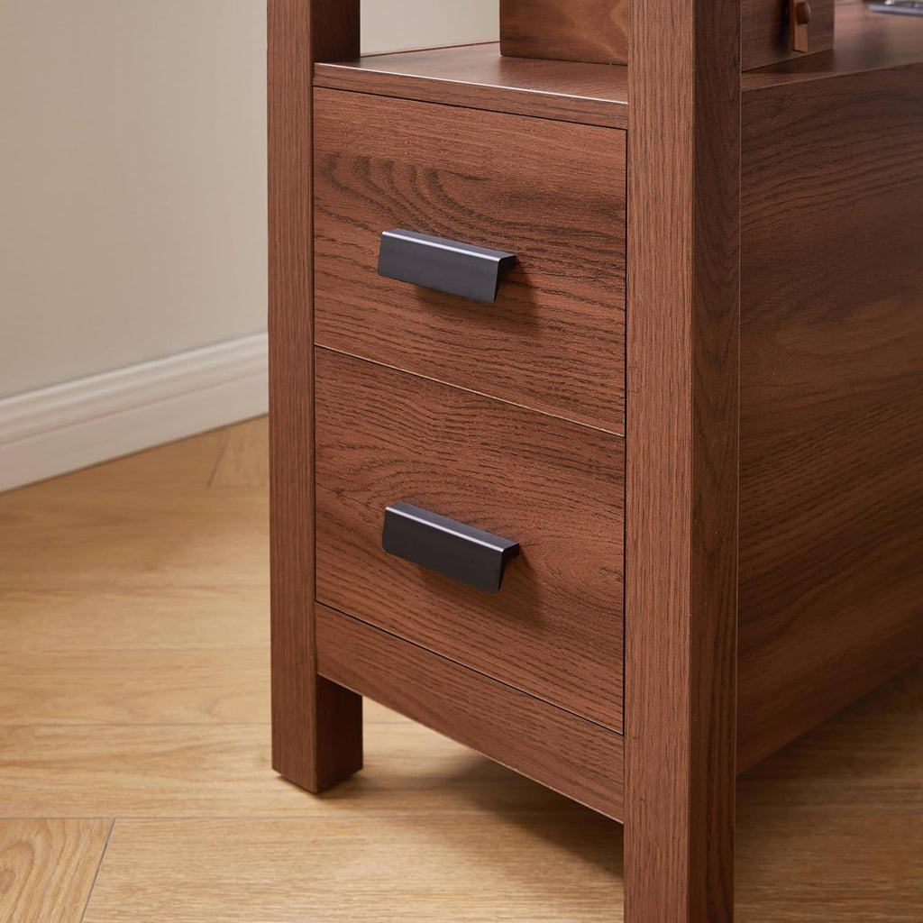 Farmhouse Side Table with Charging Station and 2 Drawers, Antique Nightstand with Open Shelf, Bedside Table for Bedroom and Living Room (Drawer Charger, Walnut)