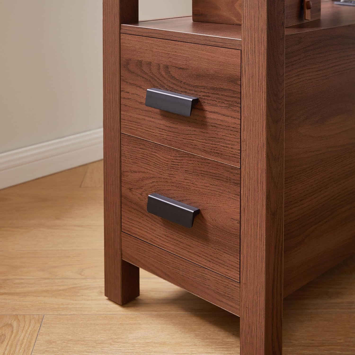 Farmhouse Side Table with Charging Station and 2 Drawers, Antique Nightstand with Open Shelf, Bedside Table for Bedroom and Living Room (Drawer Charger, Walnut)