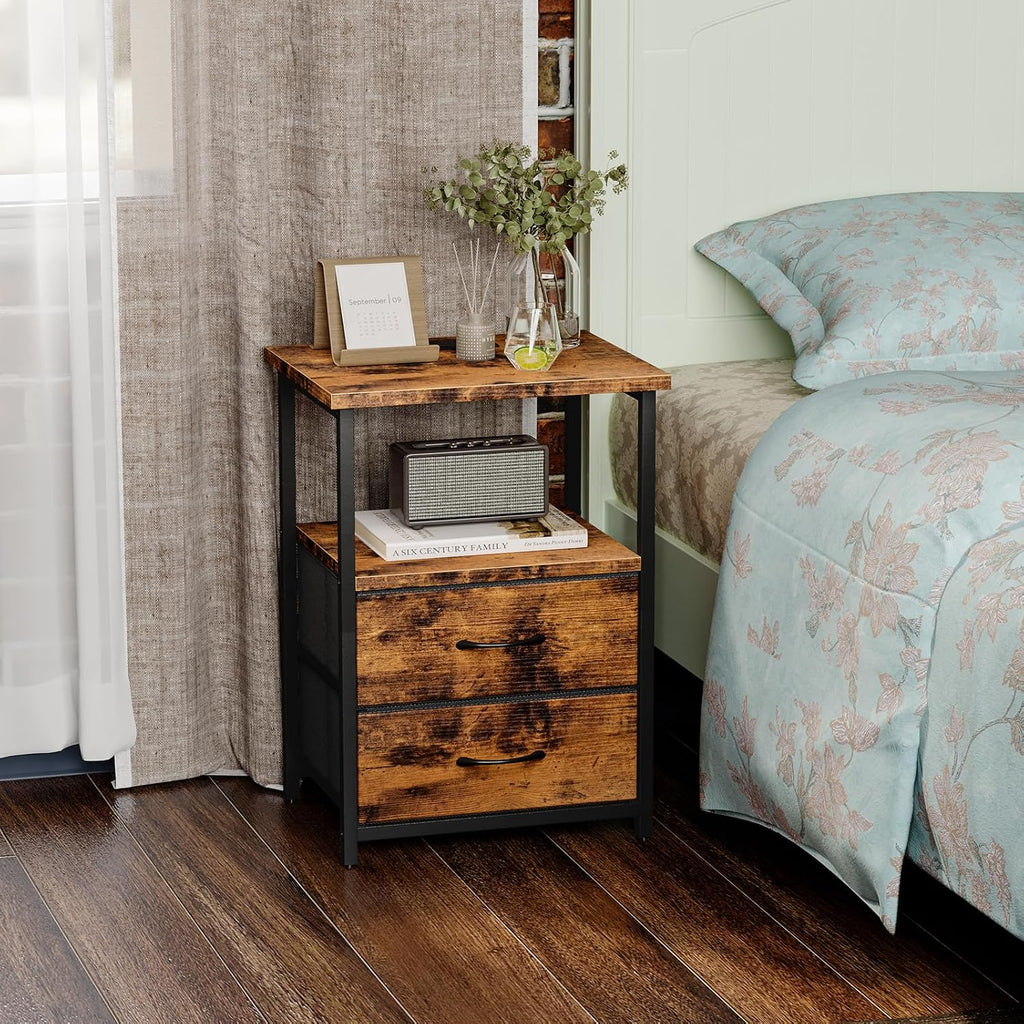 Fixwal Rustic Brown Night Stand with Charger Station, Nightstand with Charging Station & Fabric Drawers