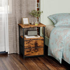 Fixwal Rustic Brown Night Stand with Charger Station, Nightstand with Charging Station & Fabric Drawers