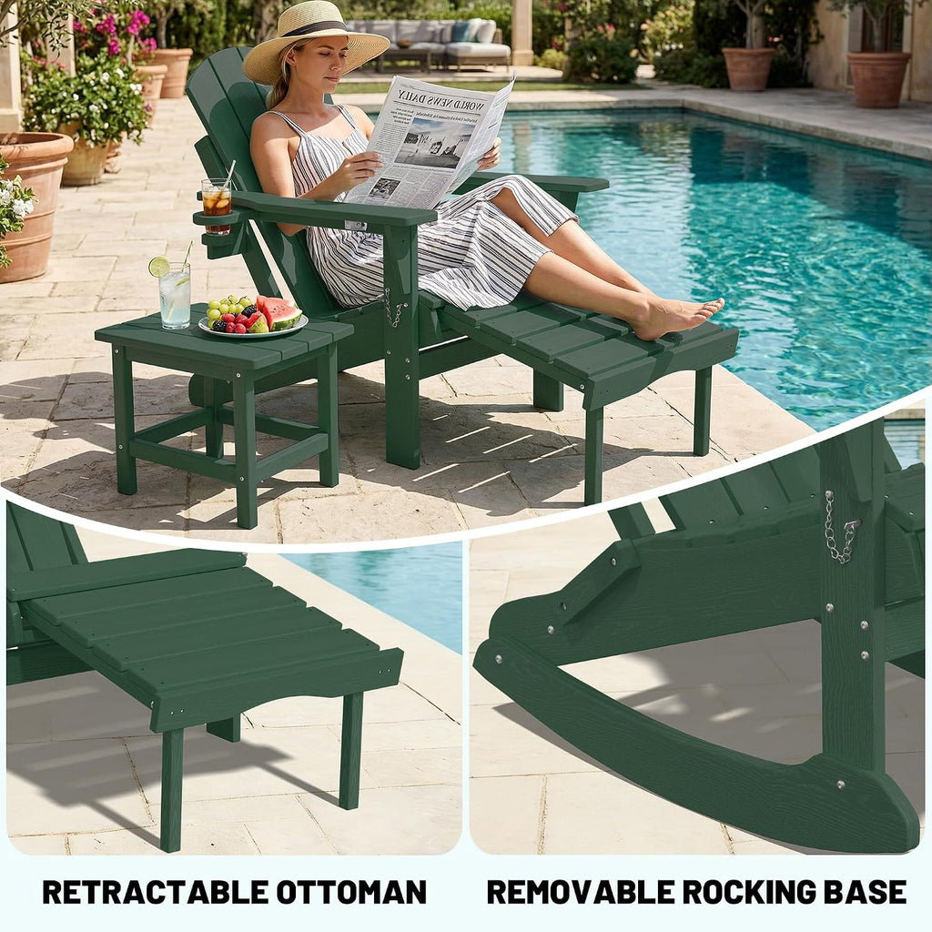 PLUUV Folding Adjustable Adirondack Rocking Chair with Retractable Ottoman and Cup Holders, Weather Resistance Outdoor HDPE Adirondack Rocker Patio Chair, Wood-Like Reclining Adirondack Chair, Green