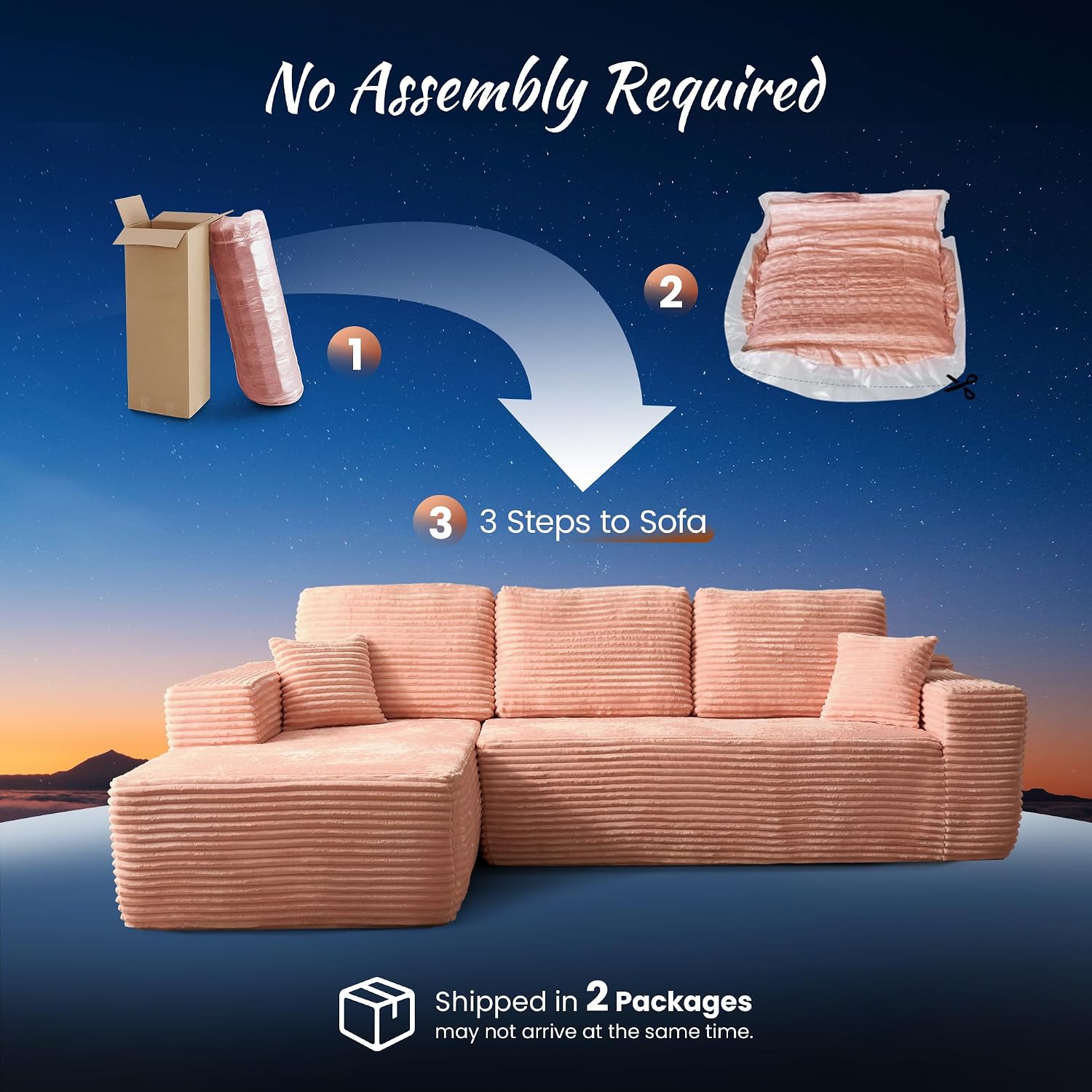 ovios 104" Cloud Boneless Couch with Glitter Fabric, Moudular Sectional Sofa with Deep Seat, No Assembly Required, Modern Minimalist L Shaped Couches with Chaise for Living Room, Pink