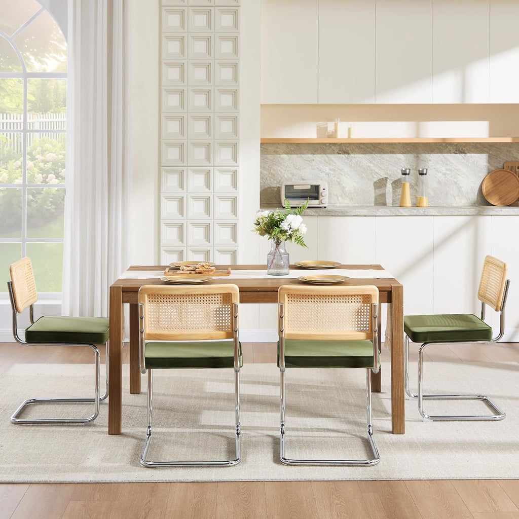 Zesthouse Mid Century Modern Dining Chairs Set of 4, Natural Rattan Dining Chairs with Solid Wood Back & Chrome Base, Upholstered Velvet Fabric, Green