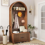 Hall Tree with Bench and Shoe Storage, Entryway Storage Bench with Coat Rack, 70.08" Tall Mudroom Rack with 4 Double Hooks and and 2 Fluted Doors, hall tree with storage for Hallway, Walnut