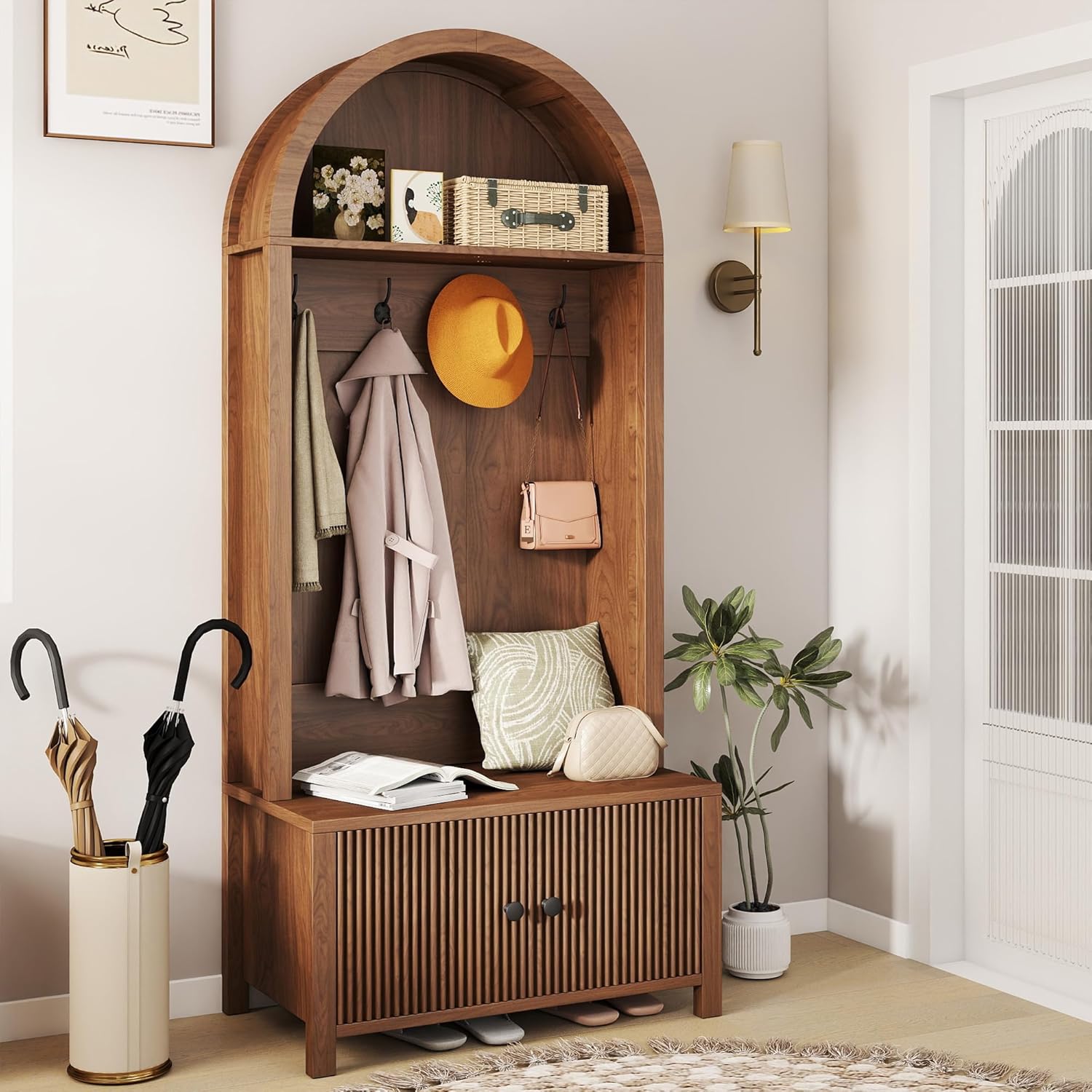 Hall Tree with Bench and Shoe Storage, Entryway Storage Bench with Coat Rack, 70.08" Tall Mudroom Rack with 4 Double Hooks and and 2 Fluted Doors, hall tree with storage for Hallway, Walnut