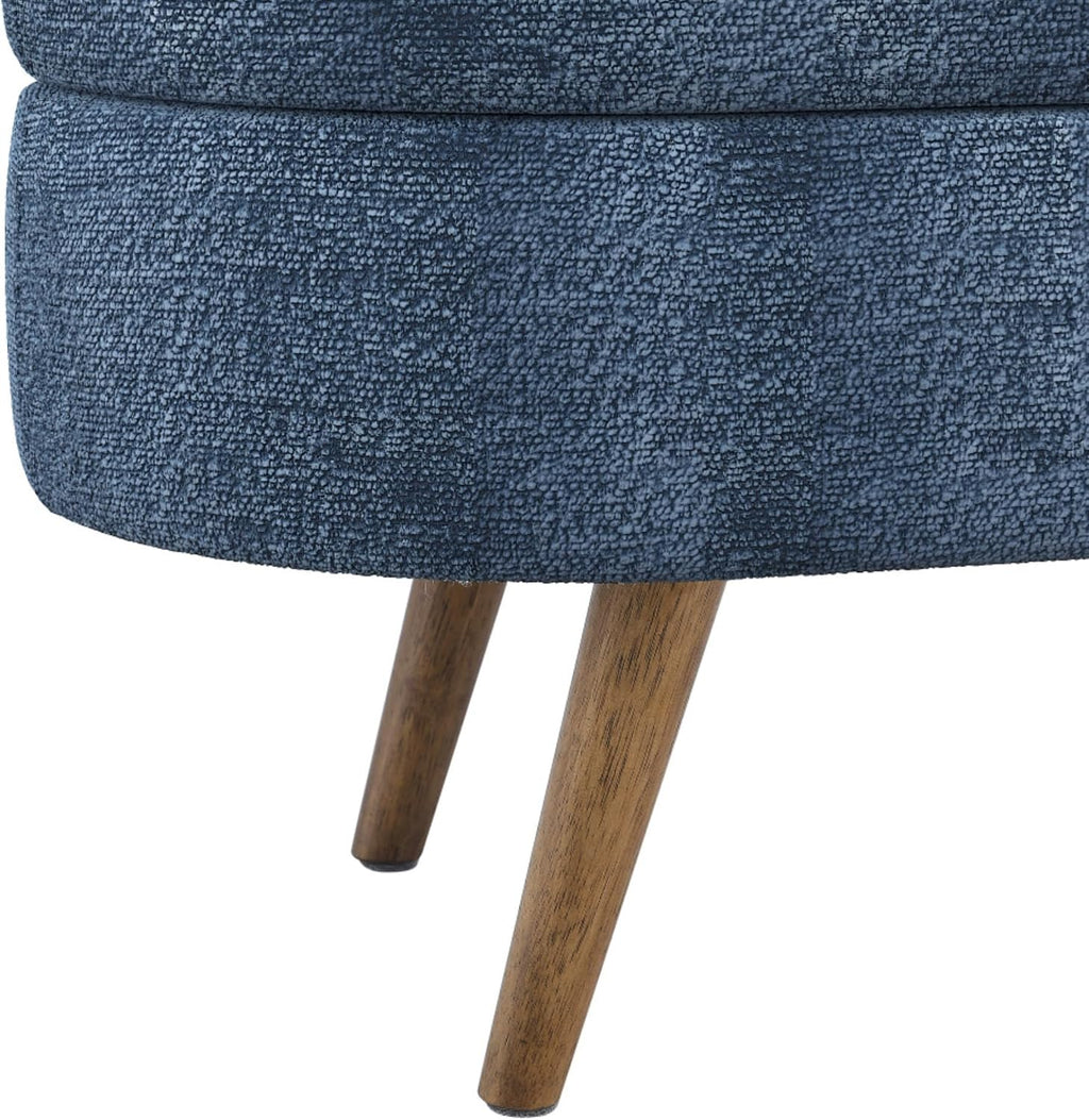 Oval Storage Ottoman Bench, Linen Upholstered Hidden Storage Footstool, Multi-Functional End of Bed Bench for Entryway Living Room Bedroom, Modern Home Decor Furniture (Dark Blue)