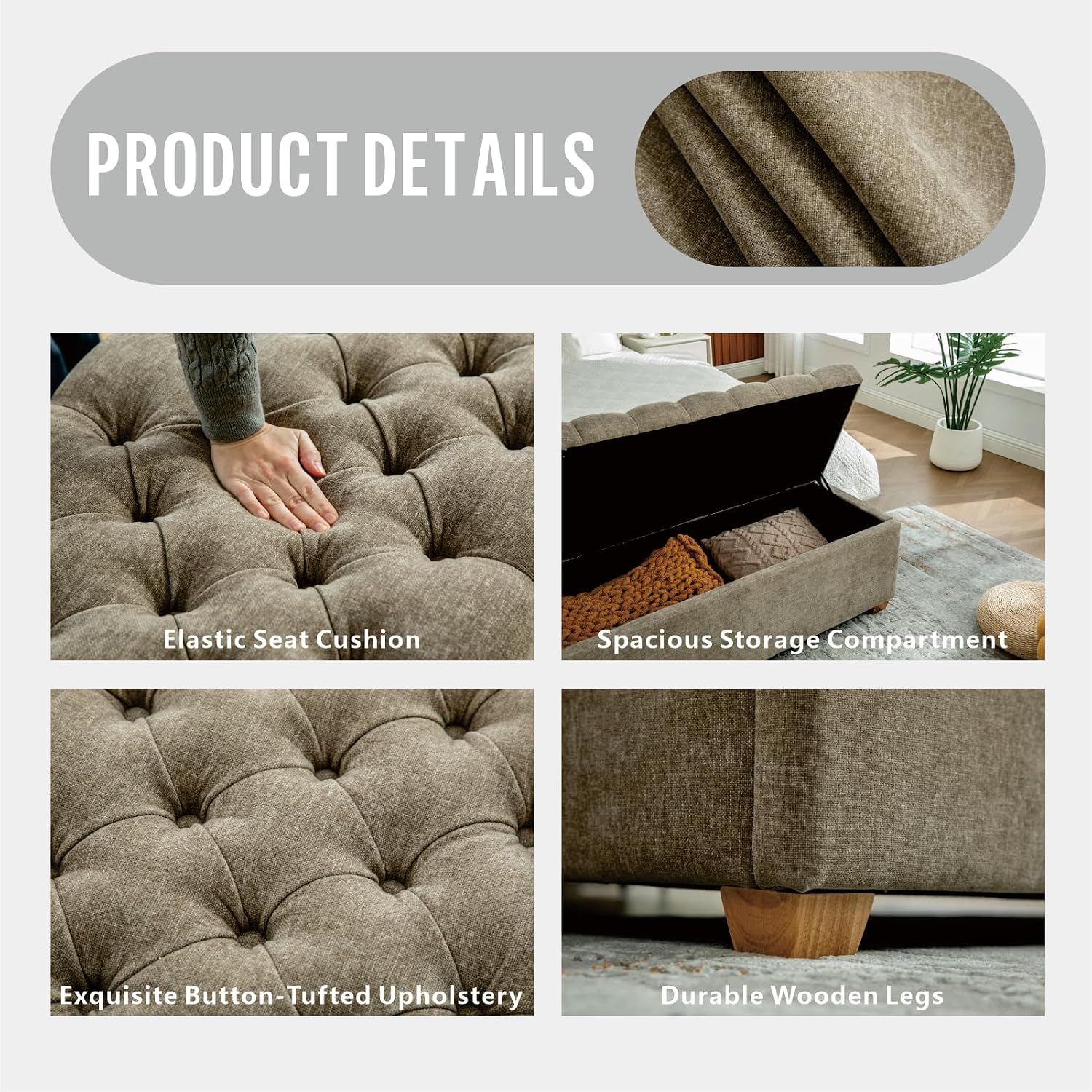 Chifee & Vingol 60" Ottoman with Storage Oversized End of Bed Storage Bench Upholstered Benches for Entryway, Living Room, Bedroom-Taupe