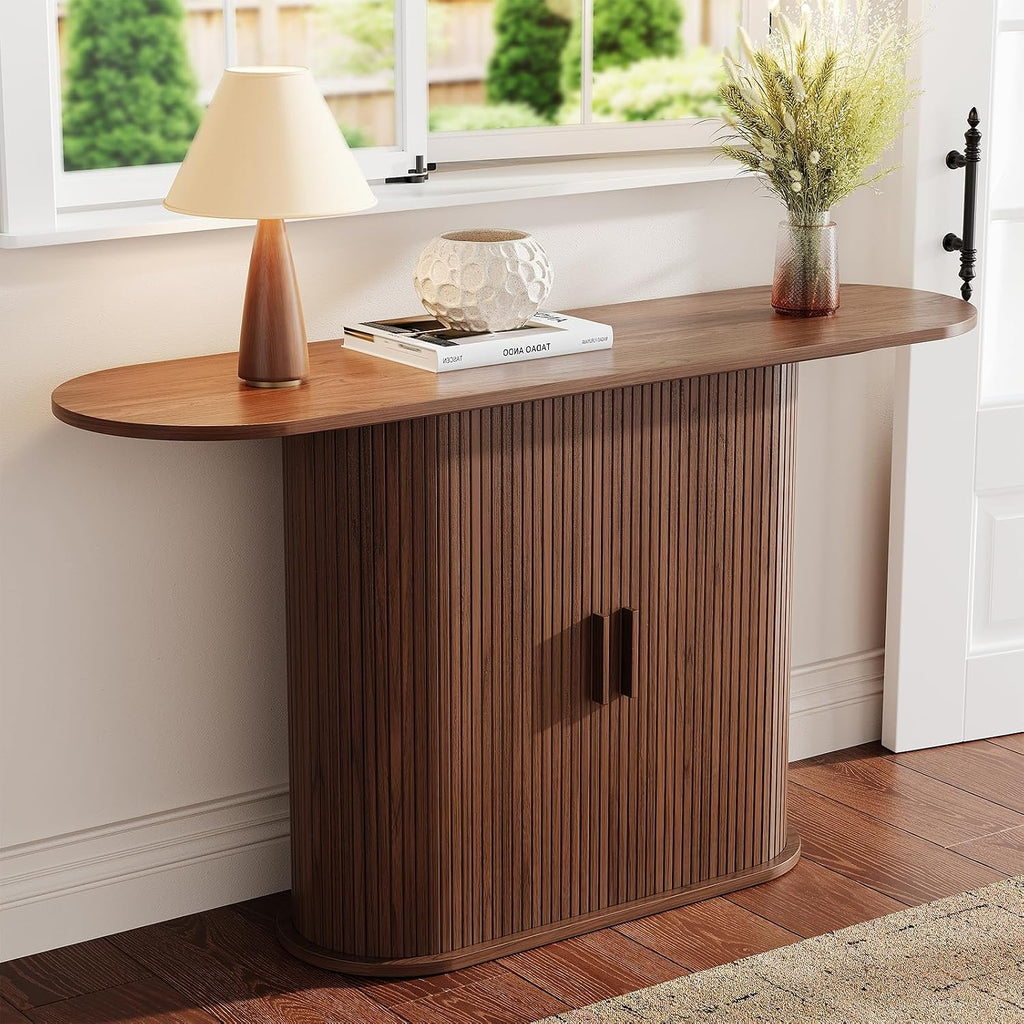 55 Inch Console Table with Storage, Fluted Entryway Tables with Sliding Doors, Sofa Table Behind The Couch, Hallway Tables, Mid-Century Modern Foyer Table for Entryway, Hallway, Living Room, Walnut