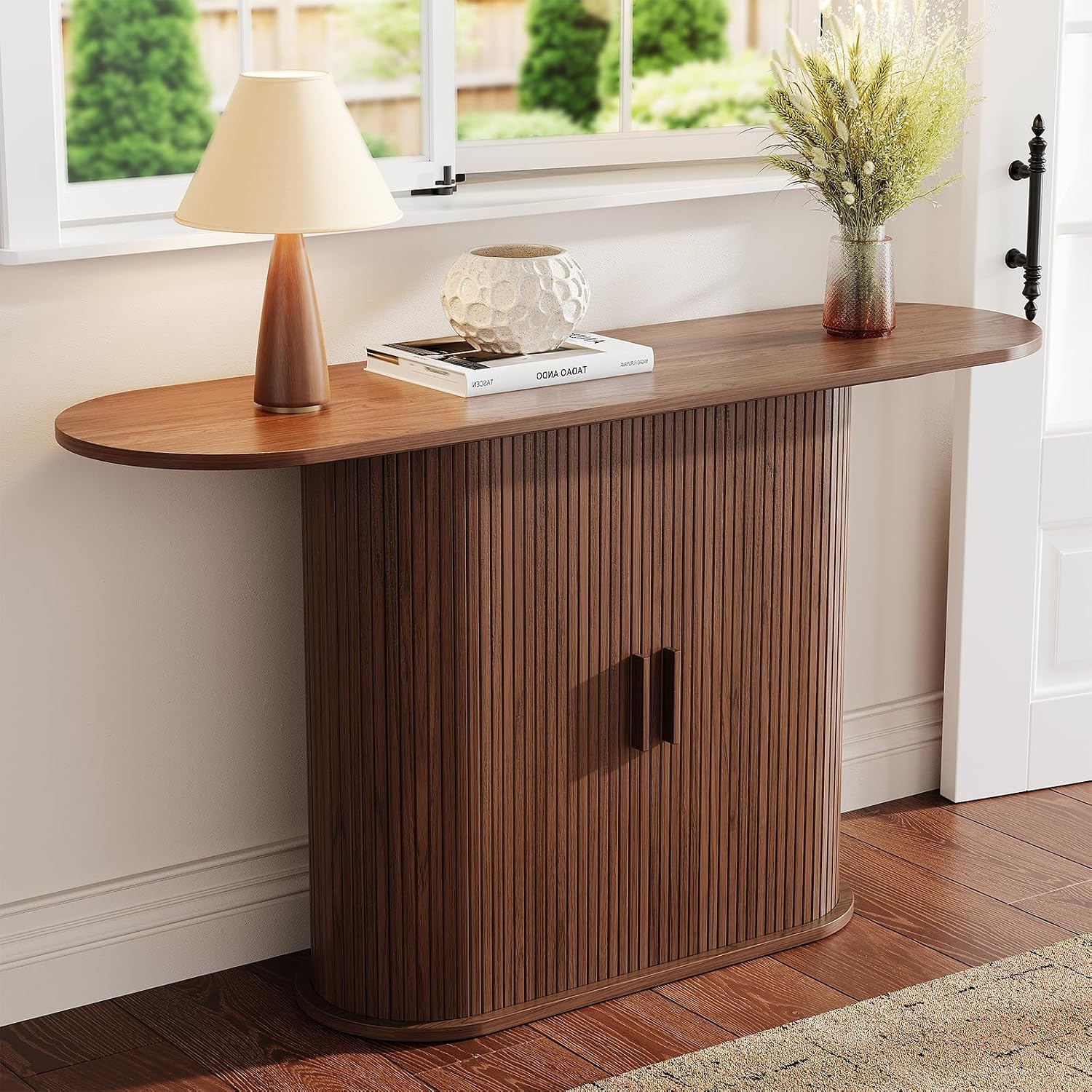 55 Inch Console Table with Storage, Fluted Entryway Tables with Sliding Doors, Sofa Table Behind The Couch, Hallway Tables, Mid-Century Modern Foyer Table for Entryway, Hallway, Living Room, Walnut