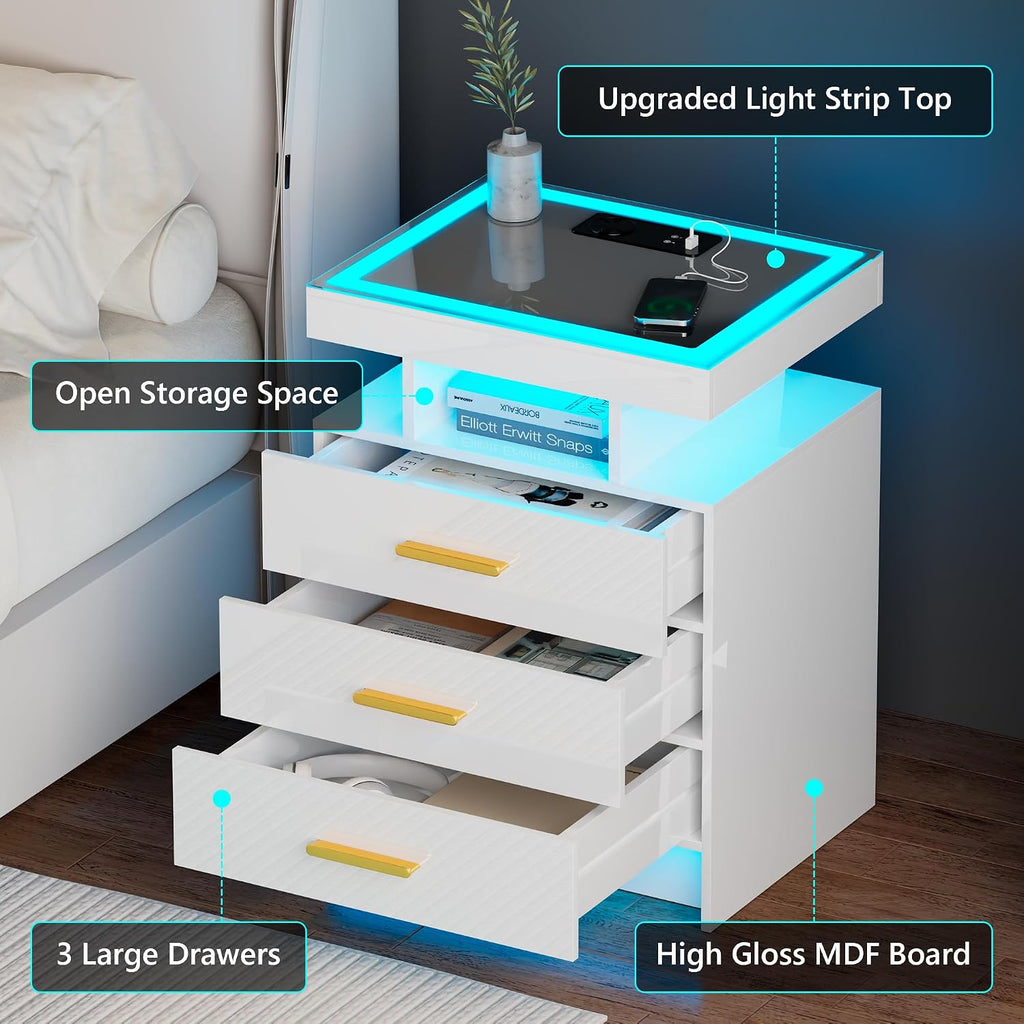 Set of 2 Nightstand with Charging Station and 3 Drawers for Bedroom Black | High Gloss Bedside Table with 3 Color Dimmable Light, LED Night Stand with USB Type-C Port