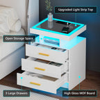 Set of 2 Nightstand with Charging Station and 3 Drawers for Bedroom Black | High Gloss Bedside Table with 3 Color Dimmable Light, LED Night Stand with USB Type-C Port