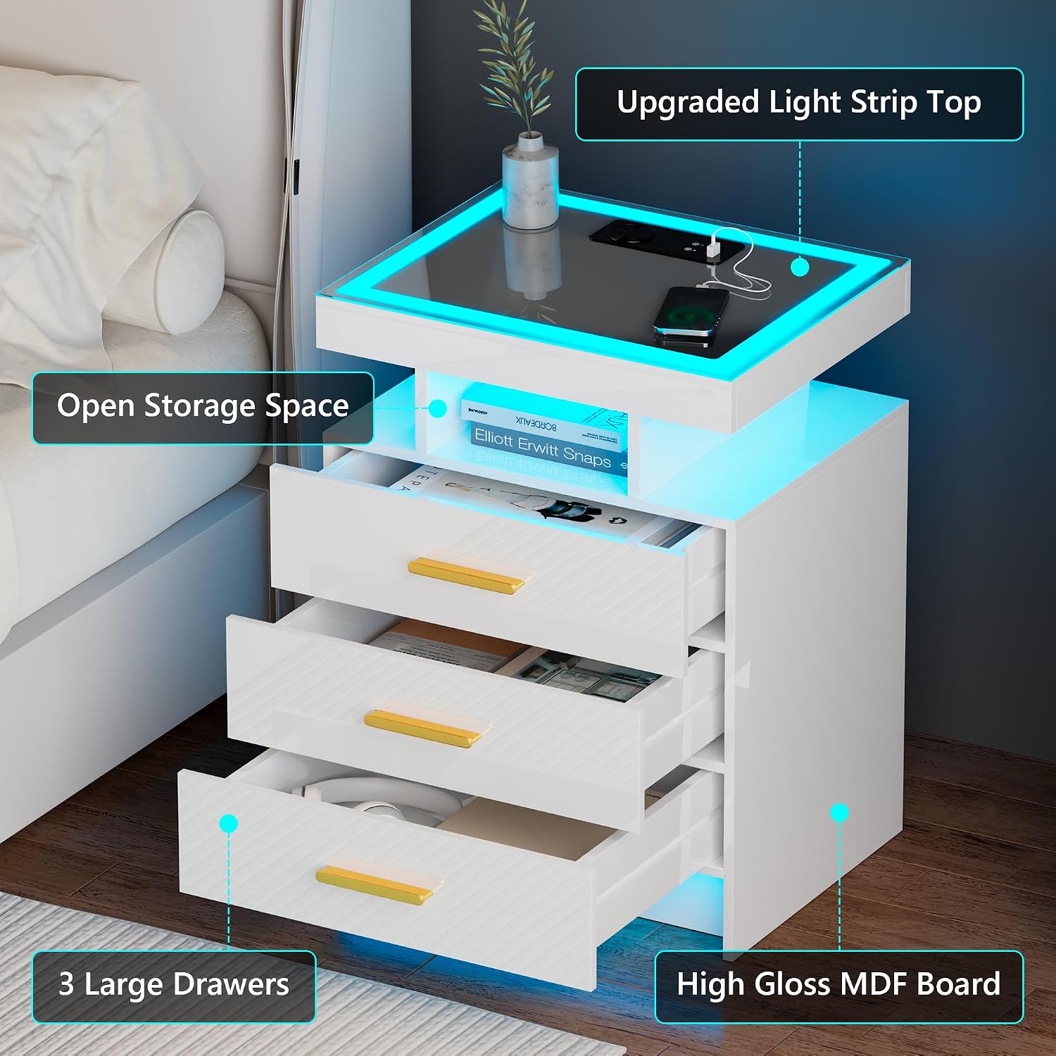 Set of 2 Nightstand with Charging Station and 3 Drawers for Bedroom Black | High Gloss Bedside Table with 3 Color Dimmable Light, LED Night Stand with USB Type-C Port