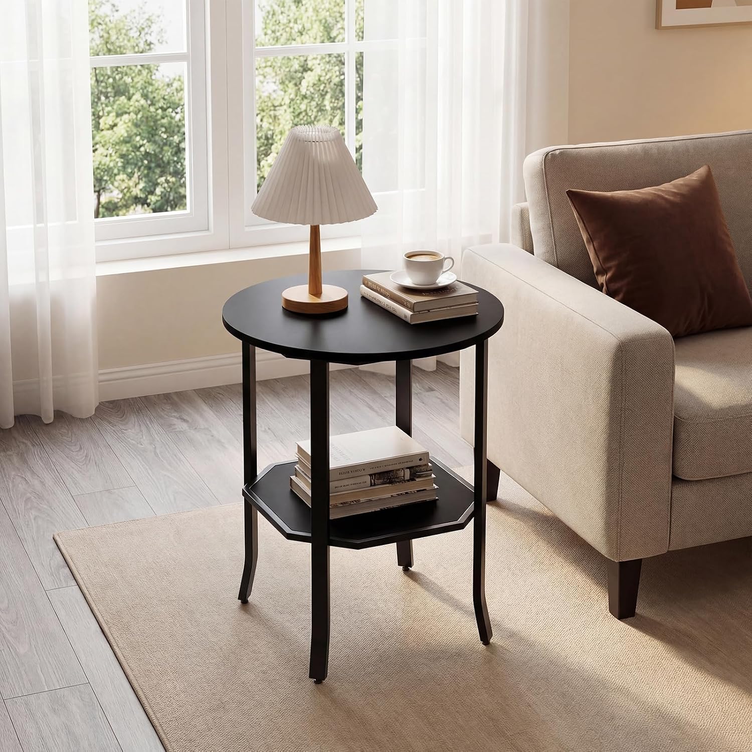 GOFLAME 2-Tier Round End Table, 20” Couch Sofa Side Table with Octagonal Storage Shelf & Metal Frame, Industrial, Modern Bedside Tables, Compact Nightstand for Living Room, Bedroom (Black,1)