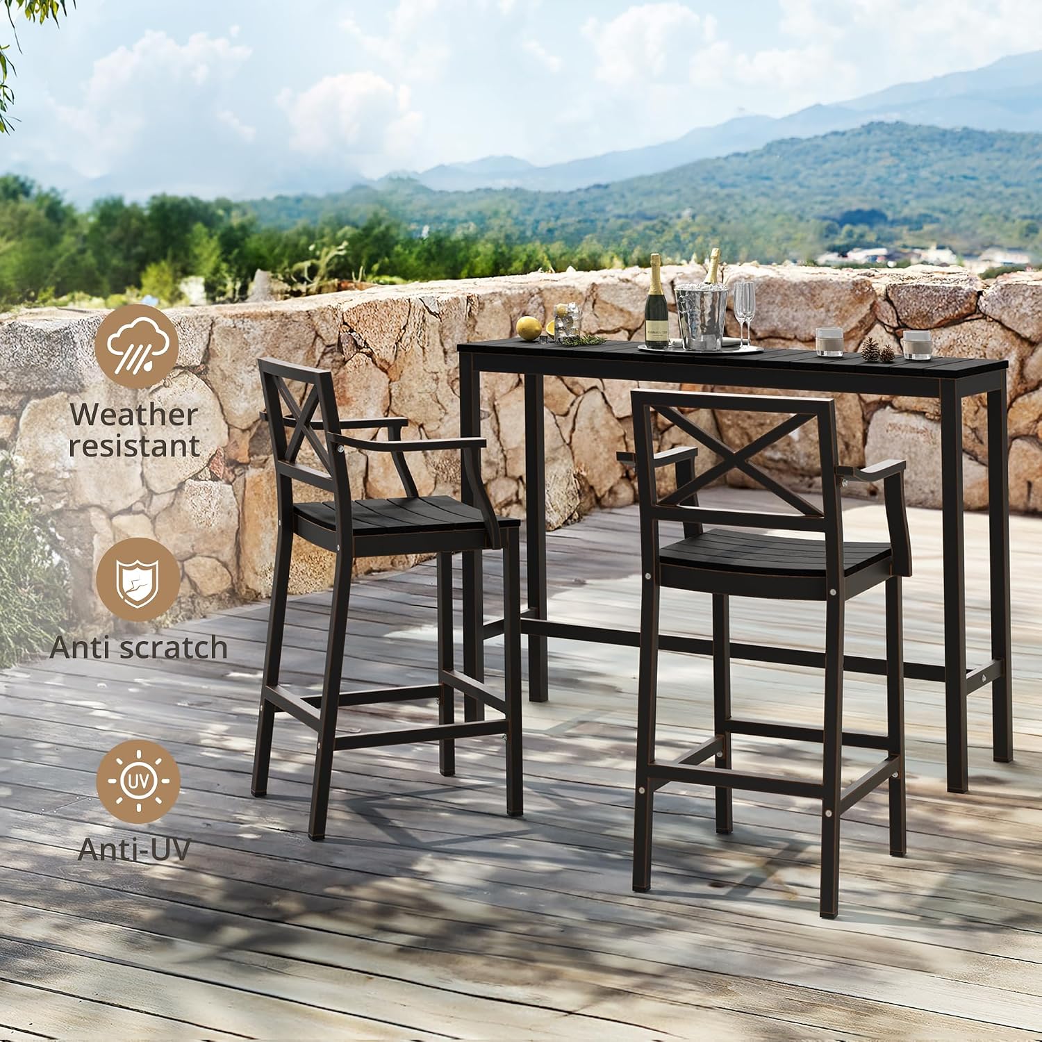 Cozyman Outdoor Bar Table, 55" Patio Bar Height Counter Console Table, Black Waterproof HDPS Slatted Top and Bronze Leg, Weather Resistant, Hot Tub, Balcony, Yard, Indoor or Outdoor Use