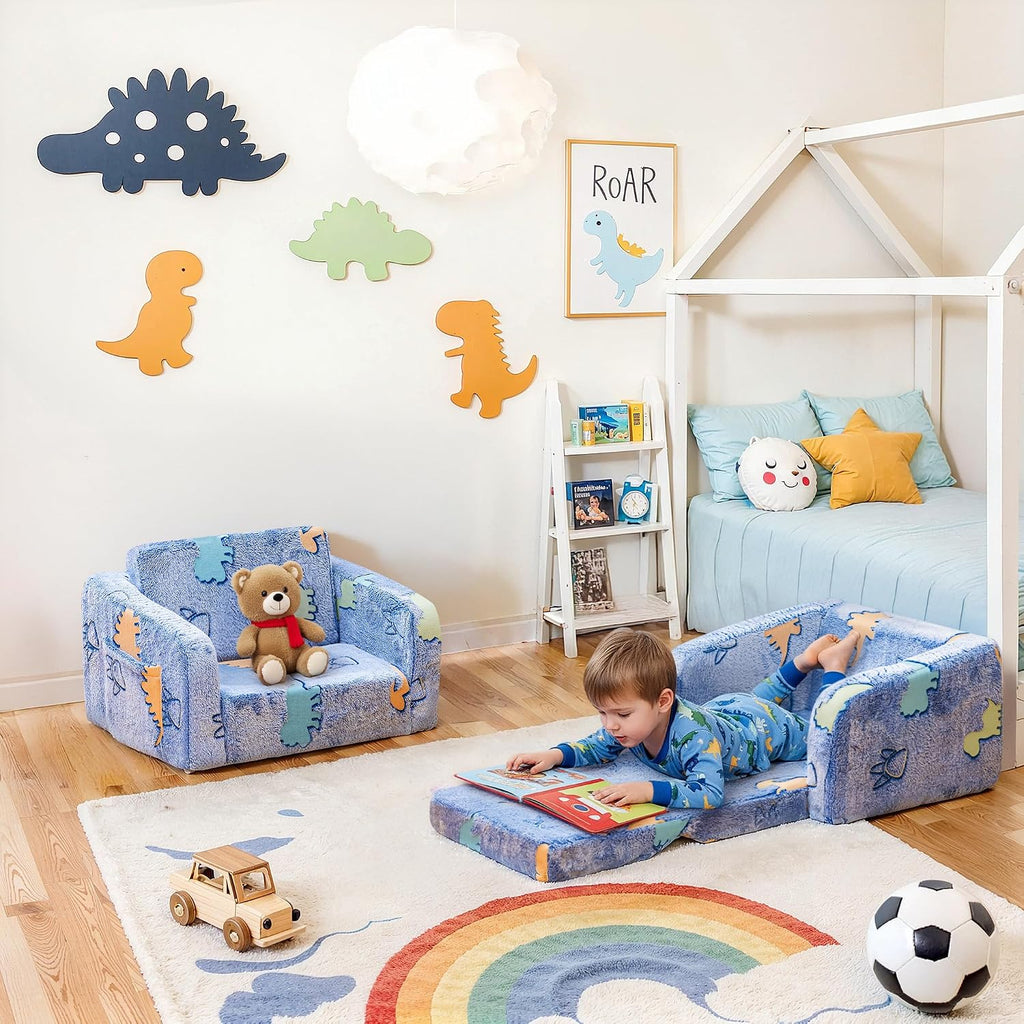 Lamerge 2-in-1 Soft Toddler Couch Fold Out,Foldable Toddler Chair, Glow in The Dark Kids Sofa for playroom,Convertible Foam and Floor Cushion for Boys and Girls (Blue and Dinosaur)