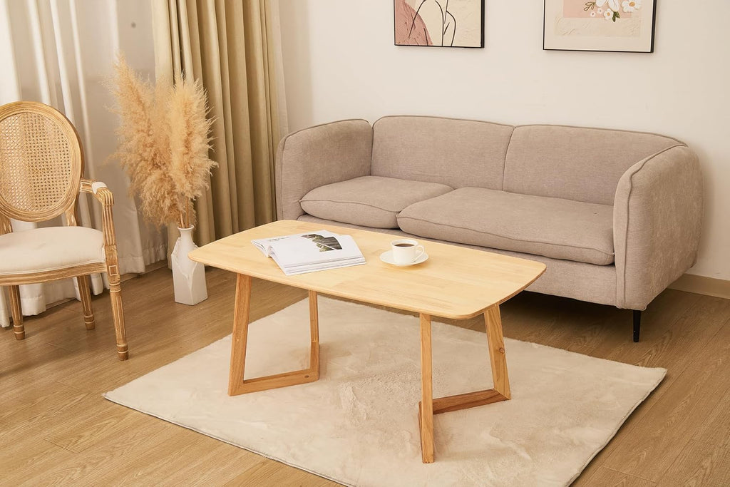 Mid-Century Modern Rectangular Coffee Table, Solid Wood Small Coffee Table with Unique Z-Shaped Legs, Minimalist Natural Wood End Table for Living Room, Apartment, Small Space, Easy Assembly