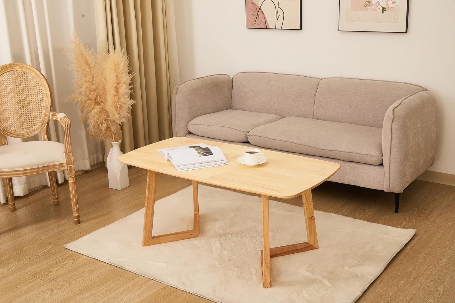 Mid-Century Modern Rectangular Coffee Table, Solid Wood Small Coffee Table with Unique Z-Shaped Legs, Minimalist Natural Wood End Table for Living Room, Apartment, Small Space, Easy Assembly