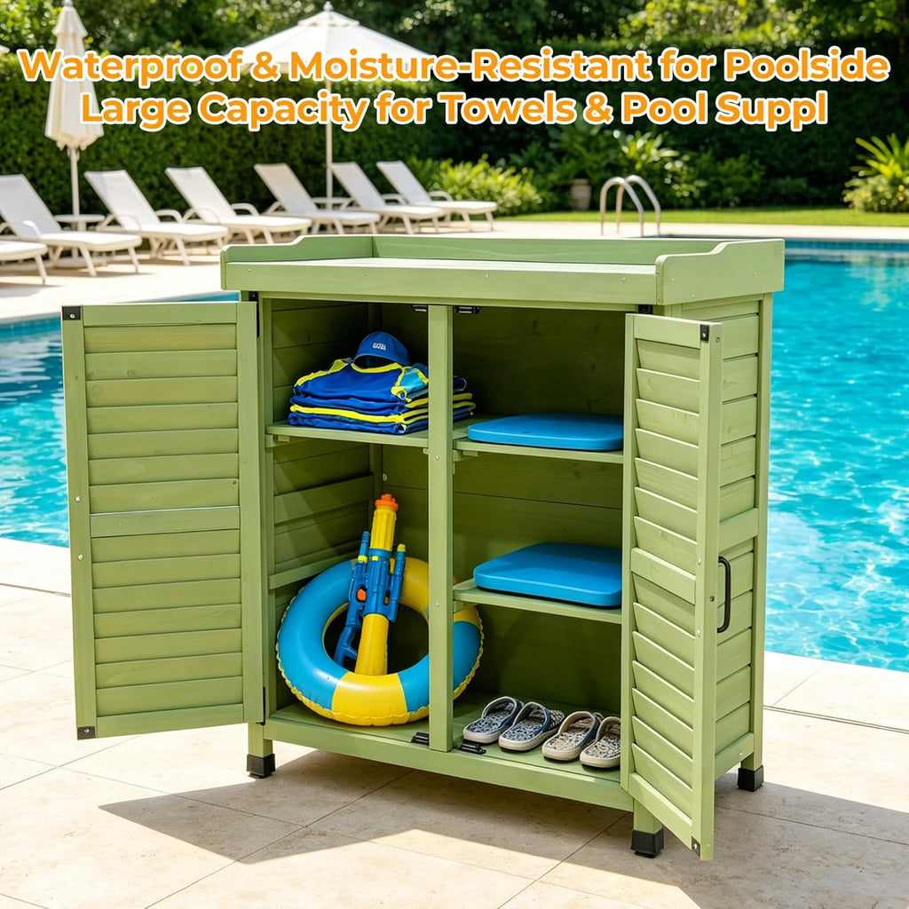Outdoor Garden Storage Cabinet with Potting Bench, Wood Cabinet with Metal Top, Planting Workstation Table for Patio, Backyard and Garden Tools (Green)