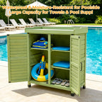 Outdoor Garden Storage Cabinet with Potting Bench, Wood Cabinet with Metal Top, Planting Workstation Table for Patio, Backyard and Garden Tools (Green)