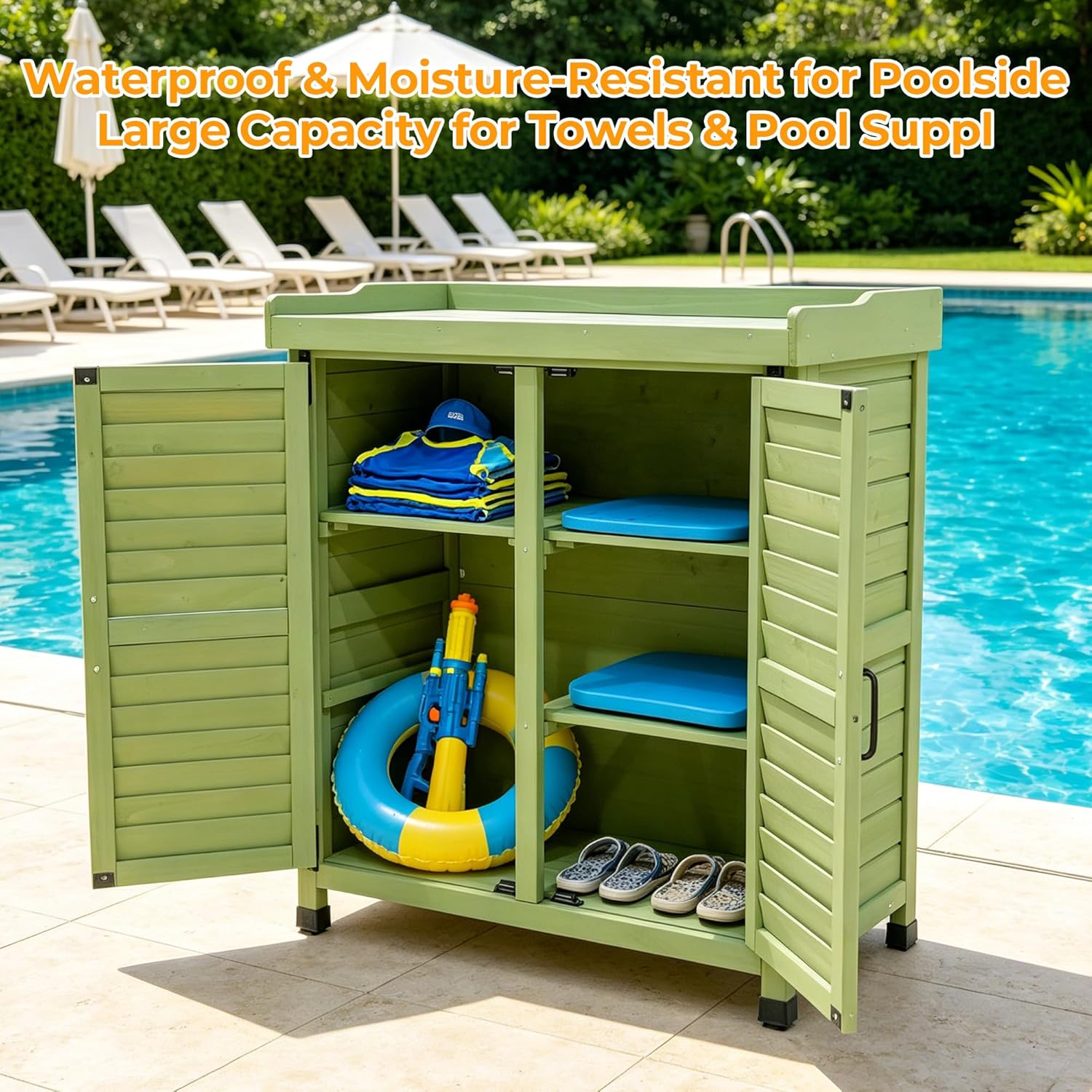 Outdoor Garden Storage Cabinet with Potting Bench, Wood Cabinet with Metal Top, Planting Workstation Table for Patio, Backyard and Garden Tools (Green)