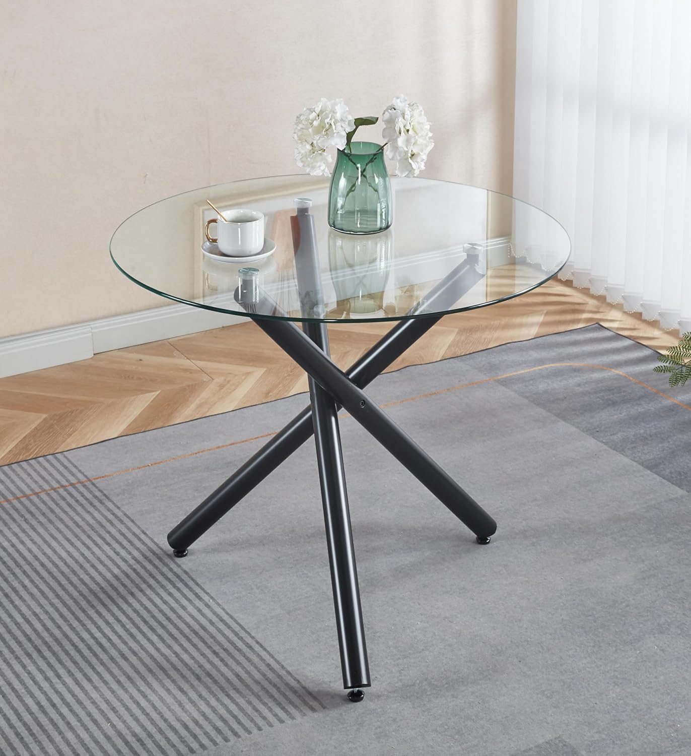 40'' Round Glass Dining Table,Modern Kitchen Table for 2-6 People,Dining Room Table with Tempered Glass Top and Metal Legs,Leisure Tea Coffee Table for Living Room,Dining Room (Black-4)