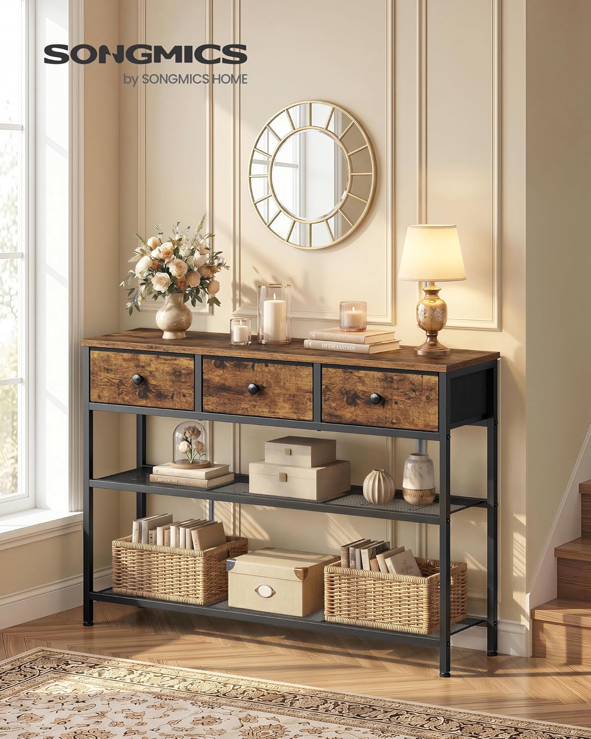 SONGMICS Console Table, Narrow Sofa Table with 2 Mesh Shelves for Entryway, Living Room, 11.8 x 38.9 x 31 Inches, 3 Fabric Drawers, Rustic Brown, BELLAH Collection ULGS098K101