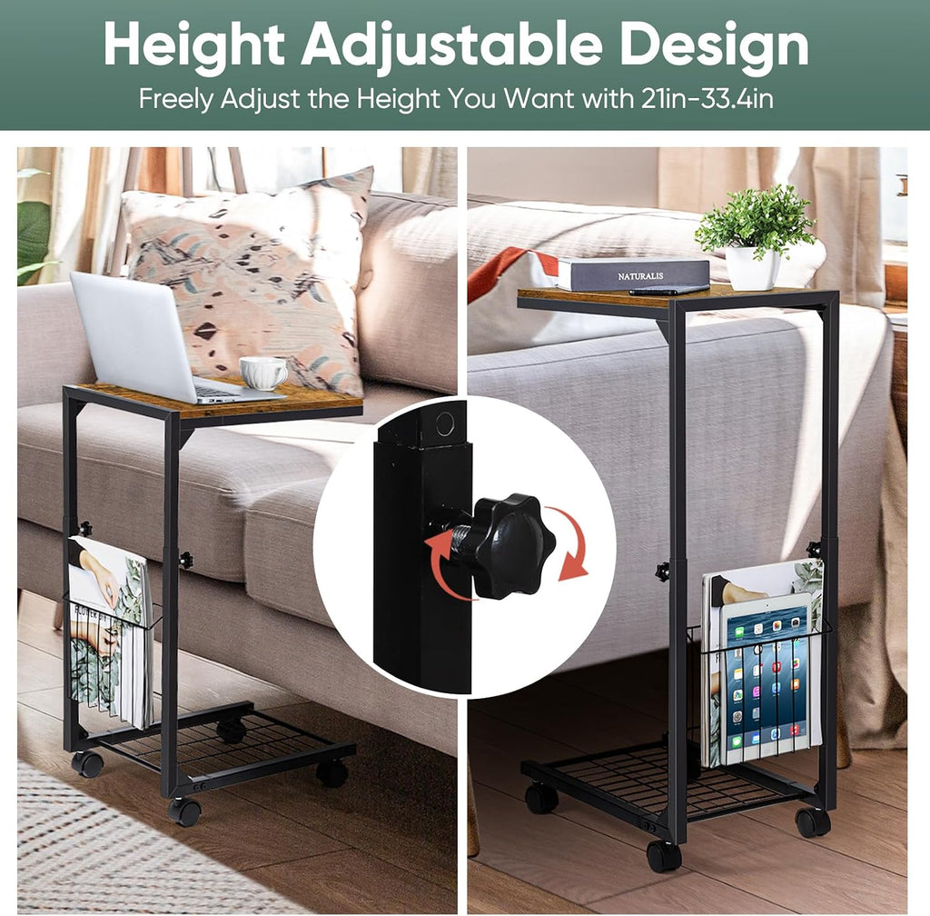 C Shaped Side Table Small End Table with Wheels Slide Under Couch Table for Sofa C Table with Metal Frame Adjustable Height Sofa Table for Living Room Bedroom Small Space, Rustic Brown