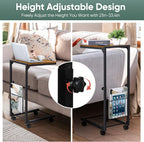 C Shaped Side Table Small End Table with Wheels Slide Under Couch Table for Sofa C Table with Metal Frame Adjustable Height Sofa Table for Living Room Bedroom Small Space, Rustic Brown