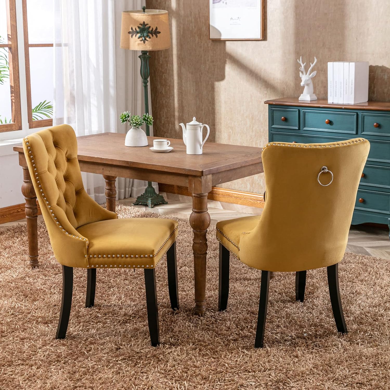KEIKI Velvet Tufted Dining Room Chairs Set of 2, Kitchen Nailhead Trim Chairs with Solid Wood Legs and Padded Seat, Gold