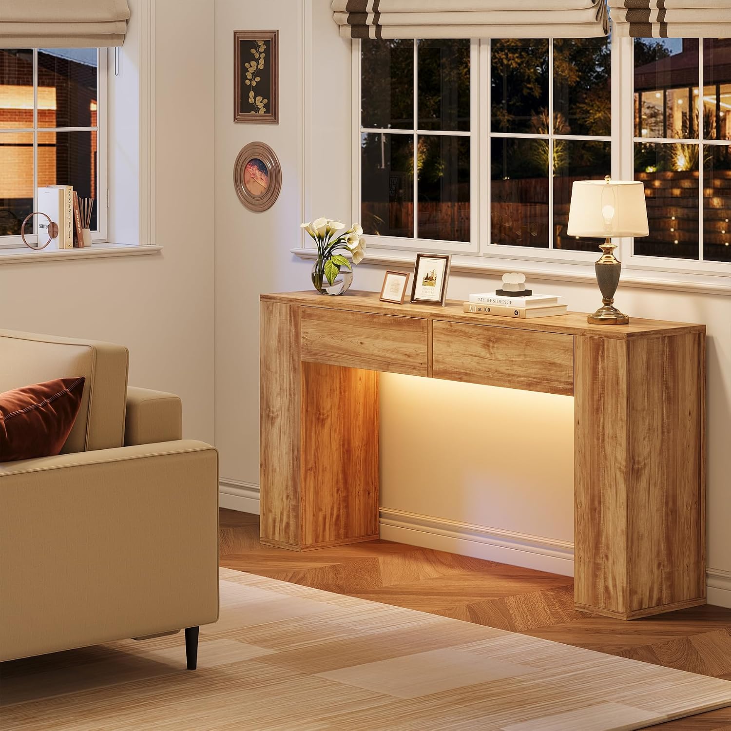 Farmhouse Console Table with LED Light and 2 Drawers, 55 inch Long Sofa Table Behind Couch, Narrow Entry Table for Entryway, Hallway, Entrance, Living Room, Natural Oak