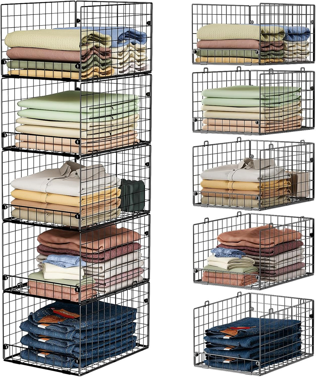5-Tier Stackable Closet Storage Baskets, Closet Organizers and Storage Shelves, Foldable & Stackable Clothes Storage Bins for Closet System, Closet Shelf Organizer for Home,Black(Patent No. 30022416)